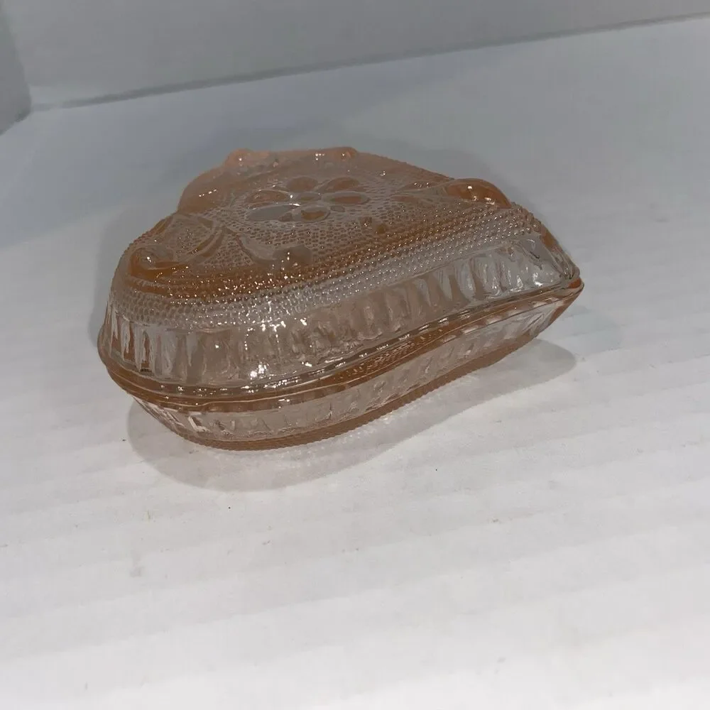 Vintage Indiana Glass Pink Tiara Sandwich Heart Floral Pattern Trinket Dish (2)